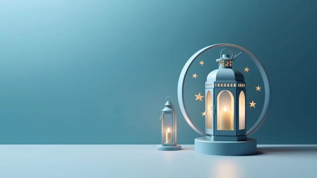 Banner: Ramadan Kareem lanterns on a blue background. 3d rendering