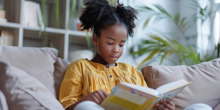 Cute little Afro-American girl in casual clothes reading a book and smiling while sitting on a sofa in the room. ai generated