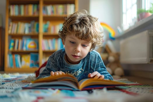 Cute boy in casual clothes reading a book and smiling while lying on rug in the room. ai generated