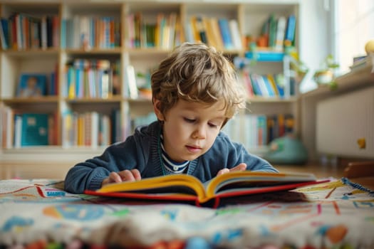 Cute boy in casual clothes reading a book and smiling while lying on rug in the room. ai generated