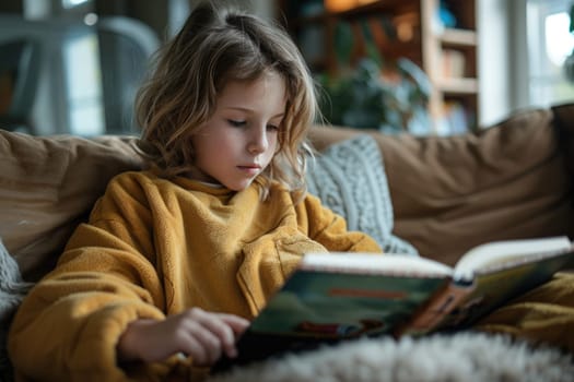 Cute little girl in casual clothes reading a book and smiling while sitting on a sofa in the room. ai generated