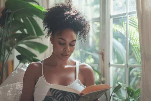 young african american woman reading a book at home. ai generated