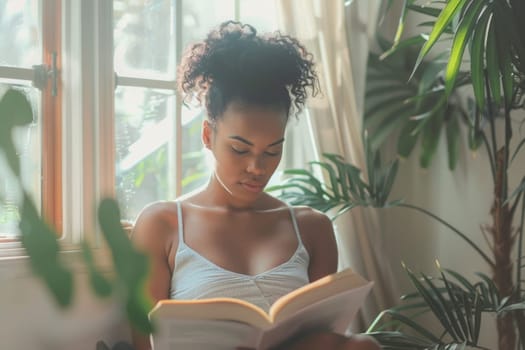 young african american woman reading a book at home. ai generated