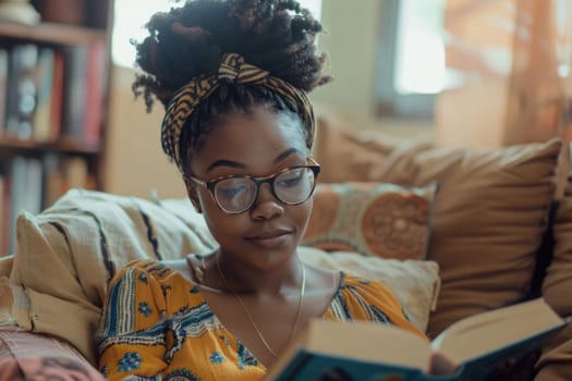 young african american woman reading a book at home. ai generated