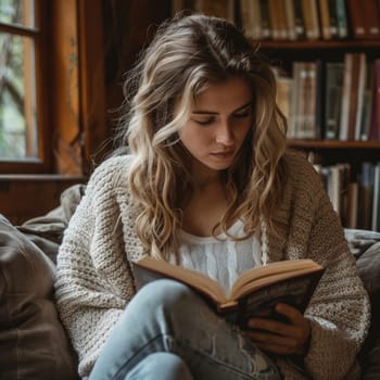 young woman reading a book at home. ai generated