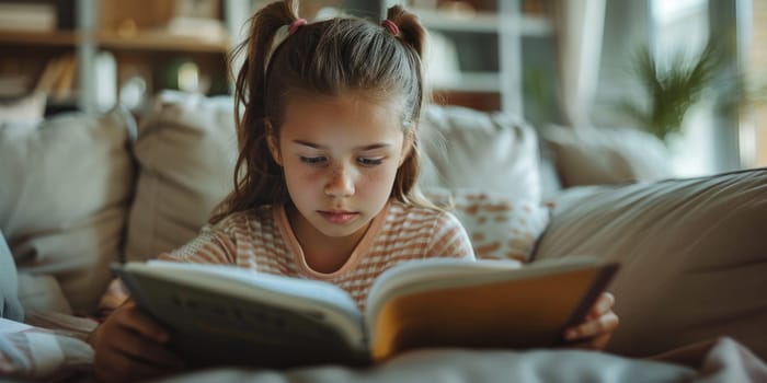 Cute little girl in casual clothes reading a book and smiling while sitting on a sofa in the room. ai generated