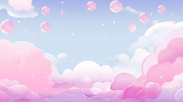 Banner: Pink and blue sky background with clouds and balloons. Vector illustration.