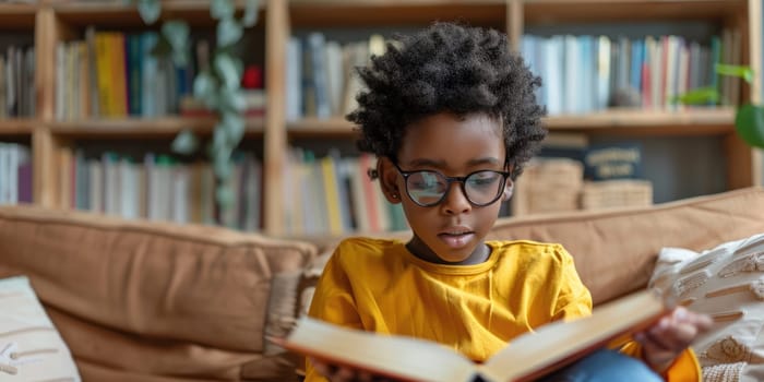 Cute little african american boy in casual clothes reading a book and smiling while sitting on a sofa in the room. ai generated