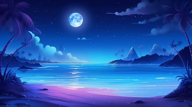 Banner: Illustration of a beautiful night seascape with a full moon