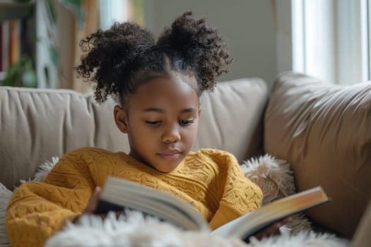 Cute little african american girl in casual clothes reading a book and smiling while sitting on a sofa in the room. ai generated