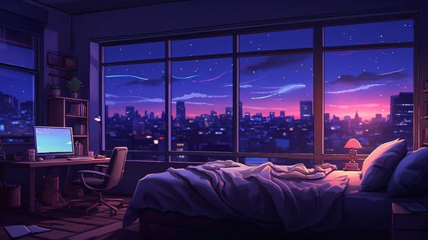 Banner: 3d rendering of a bedroom with a view of the night city
