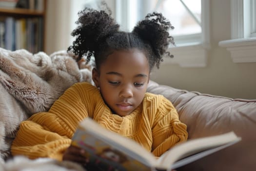 Cute little african american girl in casual clothes reading a book and smiling while sitting on a sofa in the room. ai generated