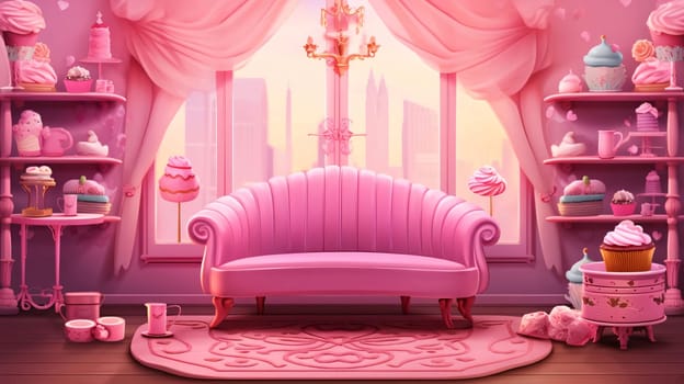 Banner: Pink Sofa in the living room with pink curtains and cakes. 3d rendering