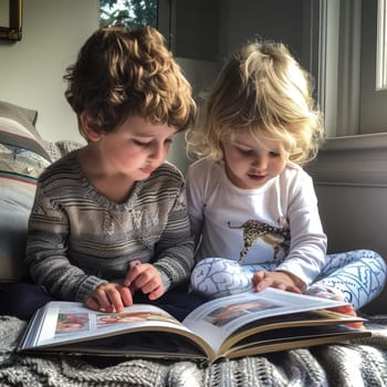 Cute little children in casual clothes reading a book and smiling while sitting on a sofa in the room. ai generated