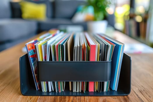 Organizers with books and magazines in magazine holder. ai generated