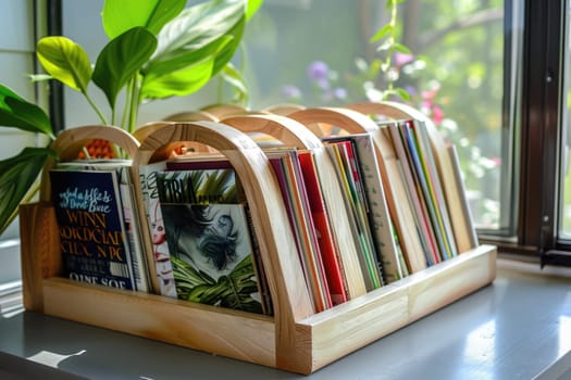 Organizers with books and magazines in magazine holder. ai generated