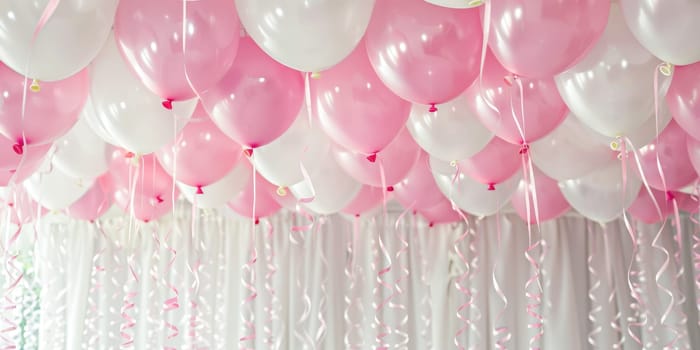 Assorted pink and white balloons with ribbons and confetti, celebration and party decoration theme, ideal for birthday or wedding invitation design. Ai generation. High quality photo