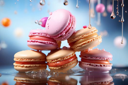 Banner: Macaroons falling in water with drops and bokeh background