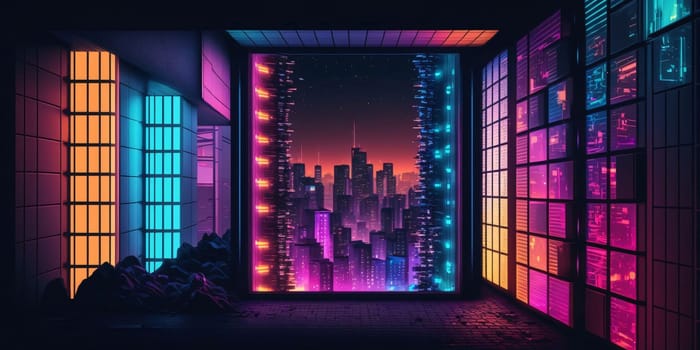 Banner: Night city with neon lights. Futuristic cityscape. 3d rendering