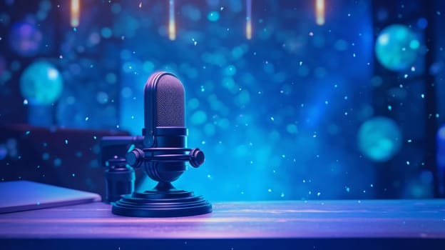 Banner: Microphone on table in recording studio. Music concept. 3D Rendering