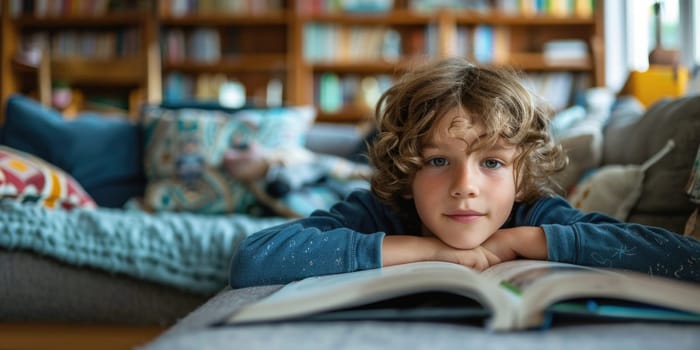 Cute little boy in casual clothes reading a book and smiling while sitting on a sofa in the room. ai generated