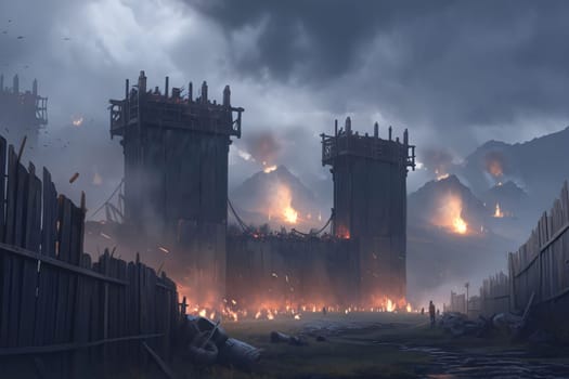 Banner: Fantasy landscape of the ruins of a burnt city. 3D rendering