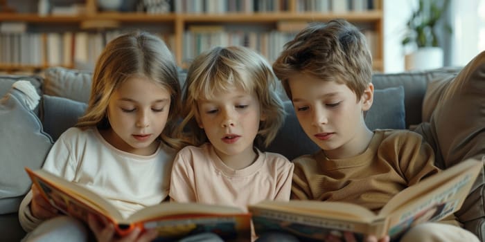 Cute little children in casual clothes reading a book and smiling while sitting on a sofa in the room. ai generated