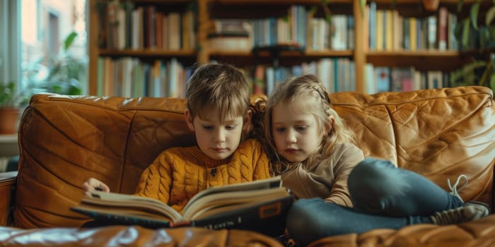 Cute little children in casual clothes reading a book and smiling while sitting on a sofa in the room. ai generated