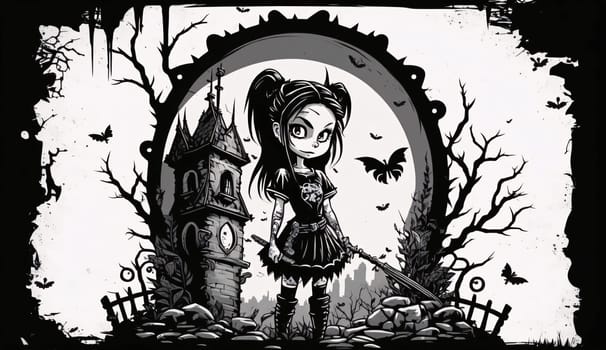 Banner: Halloween illustration with a witch and a castle in the background.