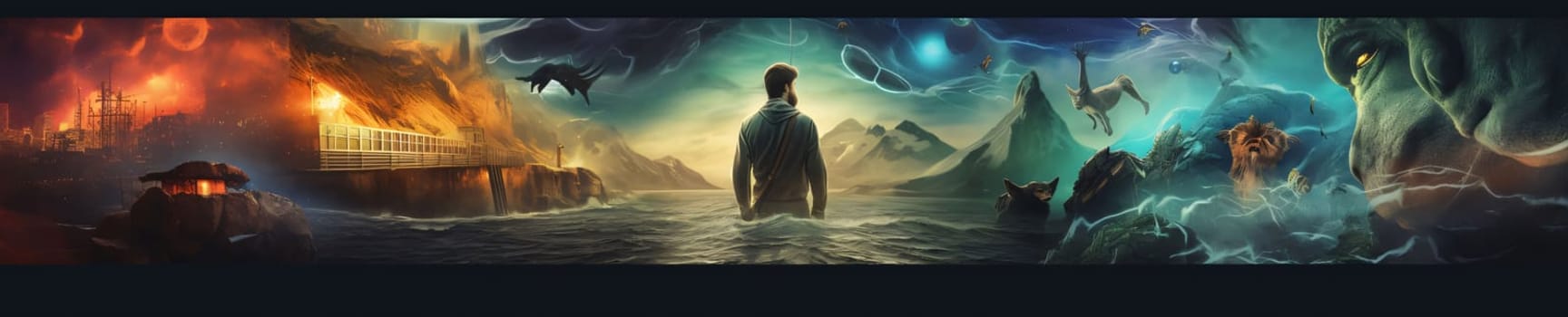 Banner: Surreal scene with man in the sea. 3D rendering.