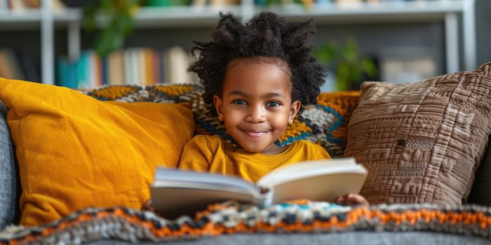 Cute little african american boy in casual clothes reading a book and smiling while sitting on a sofa in the room. ai generated