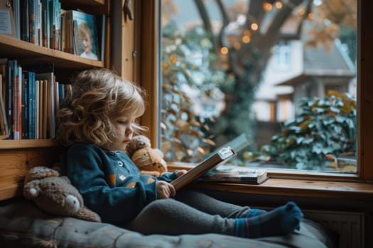 Cute little girl in casual clothes reading a book and smiling while sitting on a sofa in the room. ai generated