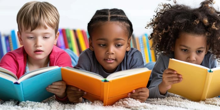 Cute little african american children in casual clothes reading a book and smiling while sitting on a sofa in the room. ai generated