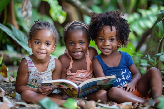 Cute little african american children in casual clothes reading a book and smiling while sitting outdoors . ai generated