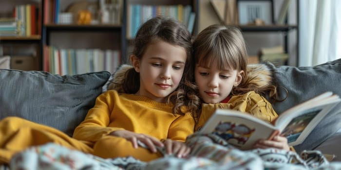 Cute little children in casual clothes reading a book and smiling while sitting on a sofa in the room. ai generated