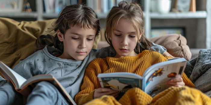 Cute little children in casual clothes reading a book and smiling while sitting on a sofa in the room. ai generated