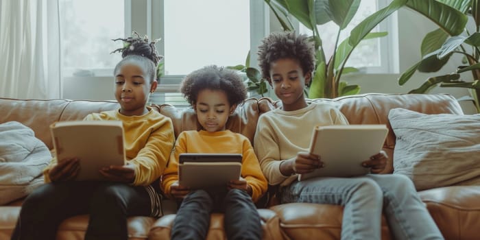 Cute little children in casual clothes reading a book and smiling while sitting on a sofa in the room. ai generated