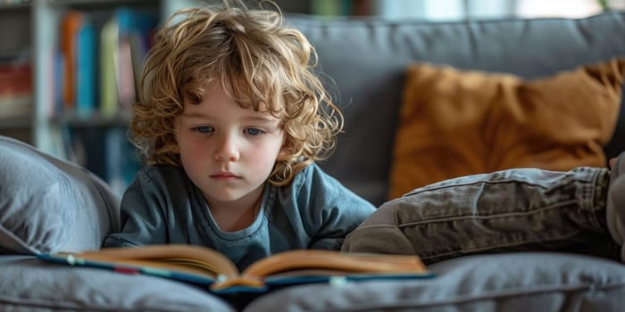 Cute little boy in casual clothes reading a book and smiling while sitting on a sofa in the room. ai generated