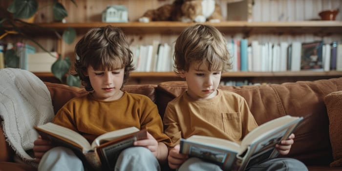 Cute little children in casual clothes reading a book and smiling while sitting on a sofa in the room. ai generated