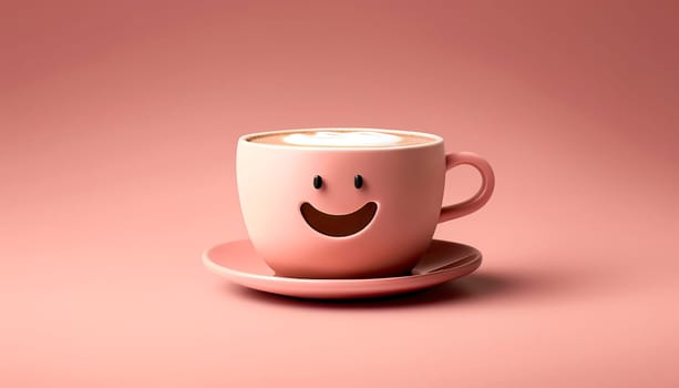 latte coffee in a cup minimalism smile pink background. Generative AI.