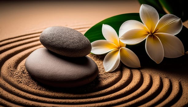 Zen Stones with lines on spa sand and plumeria flower harmony concept. Generative AI,