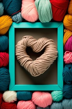 yarn for knitting multi-colored threads in the shape of hearts a lot. Generative AI,