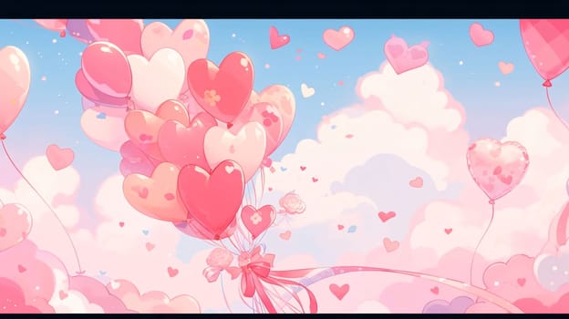 Banner: Valentine's day background with heart-shaped balloons and clouds