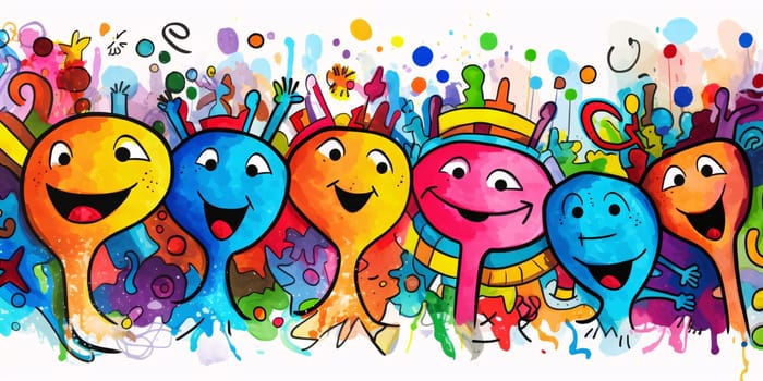 Banner: Cute colorful hand drawn doodle cartoon characters, vector illustration