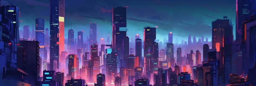 Banner: Panoramic view of skyscrapers at night. 3d illustration