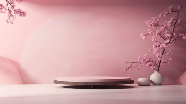Banner: 3d rendering of minimal product display podium with cherry blossom background