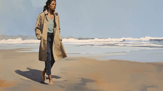 Banner: Fashionable young woman in beige coat walking on the beach