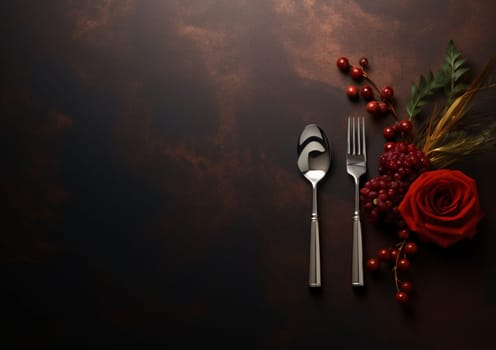 Banner: Valentine's day table setting with red rose and cutlery