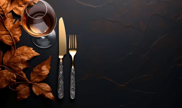 Banner: Flat lay composition with glasses of cognac and golden cutlery on dark background
