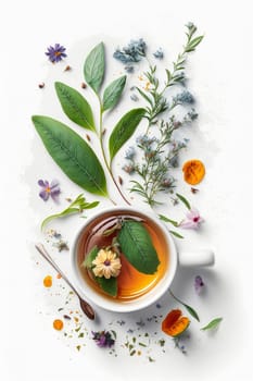 Tea with herbs and flowers in a cup top view. Generative AI,